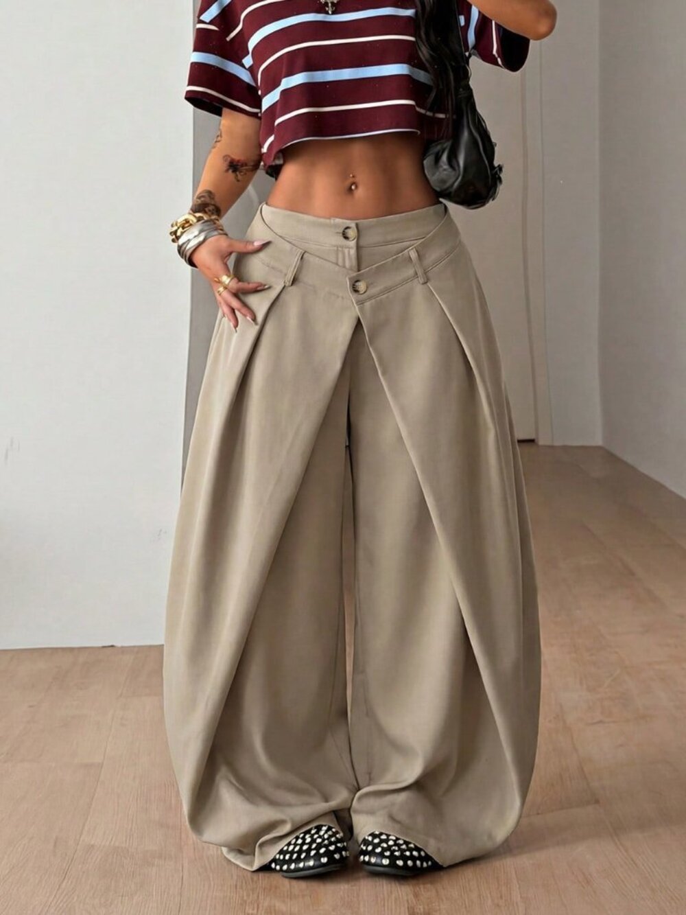 Khaki Casual Women's Woven Asymmetrical Wide Leg Pants - Picture 6 of 7